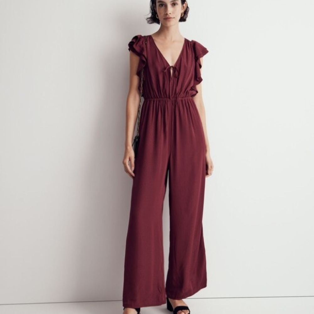 Madewell Jacquard Deep-Ruffled Jumpsuit Burgundy Small